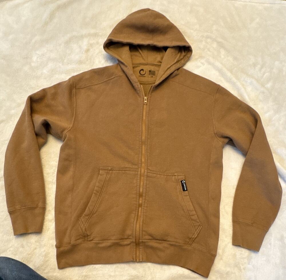 Origin Full Zip Hooded Fleece Hoodie Brown Men's L Logo Pockets
